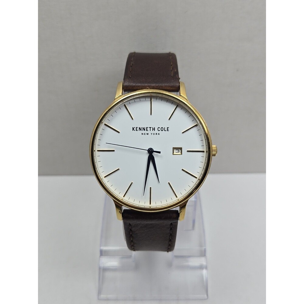Kenneth Cole Mens Monroe 42mm Gold Tone Date Watch Leather Slim New Battery